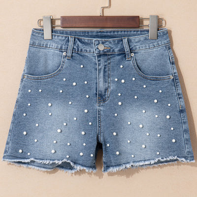 Amelie Pearl Beaded Raw Hem Medium Wash Denim Shorts