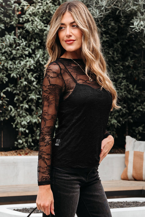 Amira Lace Crochet Mesh Slim Fit Long Sleeve Top