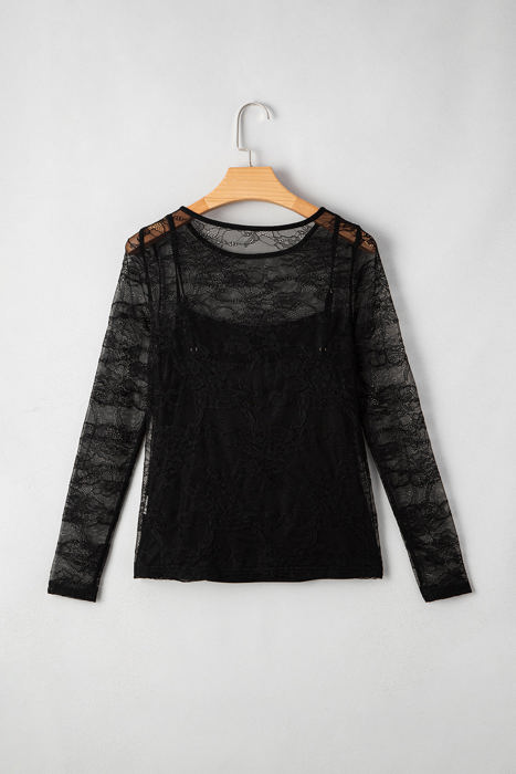 Amira Lace Crochet Mesh Slim Fit Long Sleeve Top