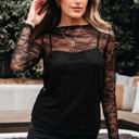 Black Medium Amira Lace Crochet Mesh Slim Fit Long Sleeve Top