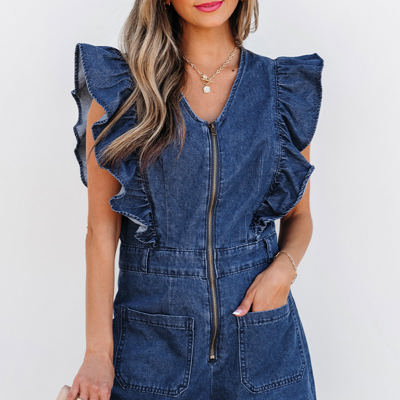 Amora Denim Ruffled Zipped Front Belted Romper