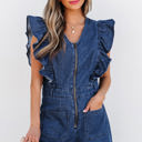  Amora Denim Ruffled Zipped Front Belted Romper