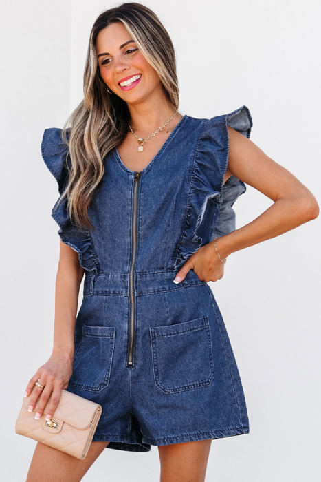 Amora Denim Ruffled Zipped Front Belted Romper