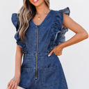  Amora Denim Ruffled Zipped Front Belted Romper