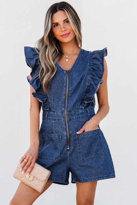 Amora Denim Ruffled Zipped Front Belted Romper