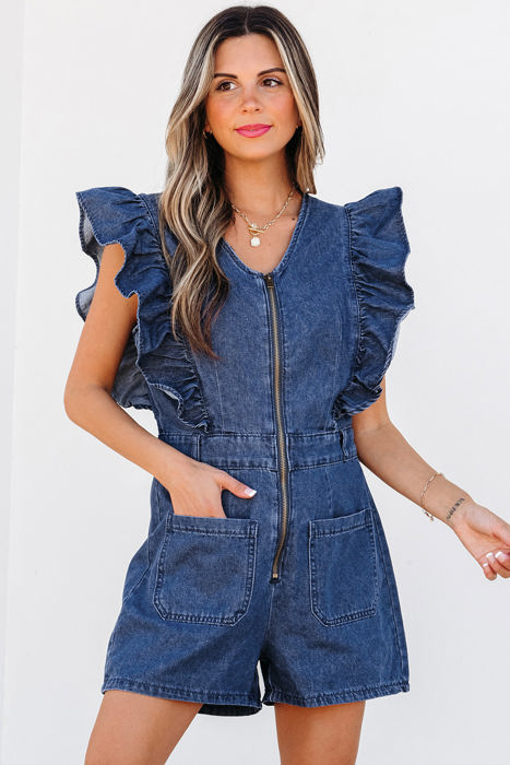 Amora Denim Ruffled Zipped Front Belted Romper