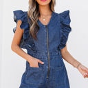  Amora Denim Ruffled Zipped Front Belted Romper