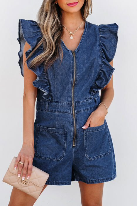 Amora Denim Ruffled Zipped Front Belted Romper