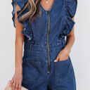  Amora Denim Ruffled Zipped Front Belted Romper