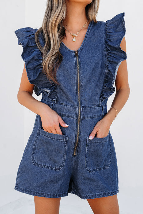 Amora Denim Ruffled Zipped Front Belted Romper