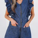  Amora Denim Ruffled Zipped Front Belted Romper