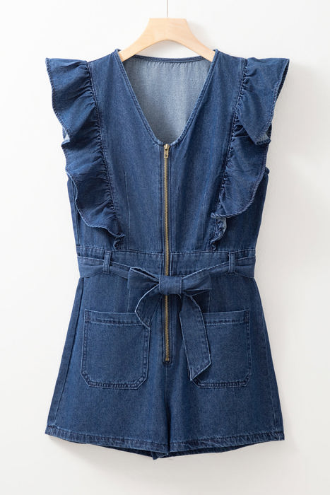 Amora Denim Ruffled Zipped Front Belted Romper