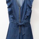  Amora Denim Ruffled Zipped Front Belted Romper