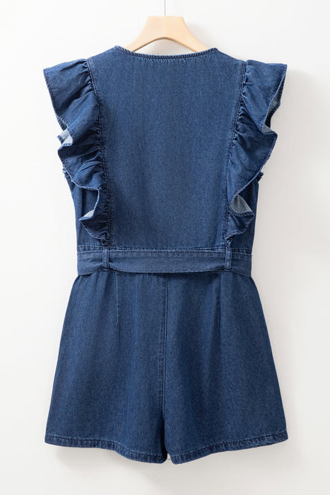 Amora Denim Ruffled Zipped Front Belted Romper