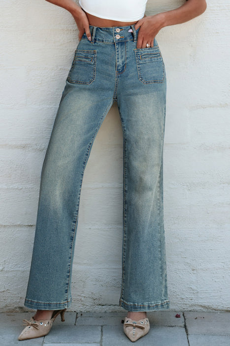 Amyra Double Button Patch Pocket Flare Leg Jeans