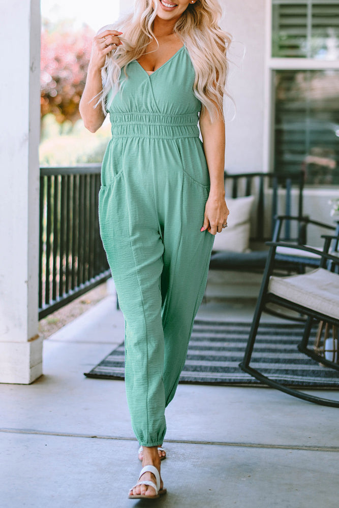 Analia Shirred High Waist Sleeveless V Neck Jumpsuit