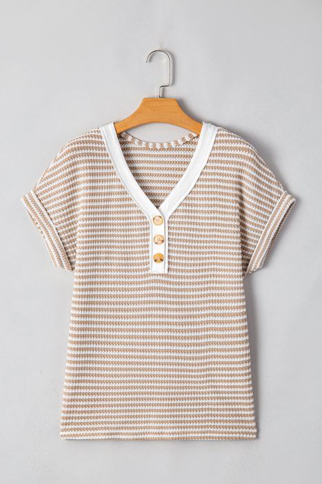 Anaya Stripe Buttoned Front V Neck Knitted Top