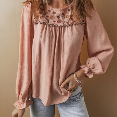 Angela Embroidered Flounce Sleeve Elegant Blouse