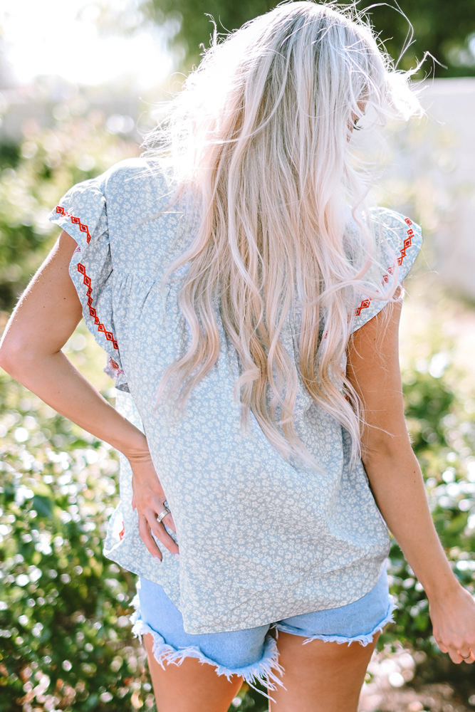 Angie Boho Embroidered Floral Print Flutter Sleeve Blouse