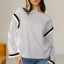 White Stripe Small Anya Ruffle Trim Loose Long Sleeve Top