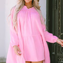 Pink Large Anya Turn-down Neck Textured Bubble Sleeve Dress