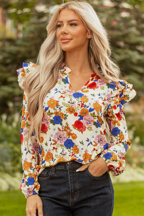 Apricot Ruffled Shoulder Long Sleeve Floral Blouse