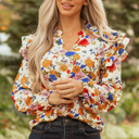  Apricot Ruffled Shoulder Long Sleeve Floral Blouse