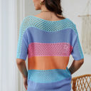 April Knitted Eyelet Colorblock Striped Half Sleeves Top