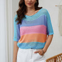  April Knitted Eyelet Colorblock Striped Half Sleeves Top