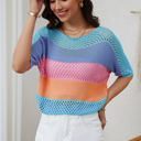  April Knitted Eyelet Colorblock Striped Half Sleeves Top