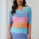 April Knitted Eyelet Colorblock Striped Half Sleeves Top