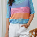  April Knitted Eyelet Colorblock Striped Half Sleeves Top