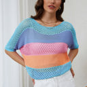 Sky Blue XL April Knitted Eyelet Colorblock Striped Half Sleeves Top
