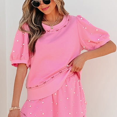 Arely Contrast Bow Trim Pearl Puff Sleeve 2pcs Set