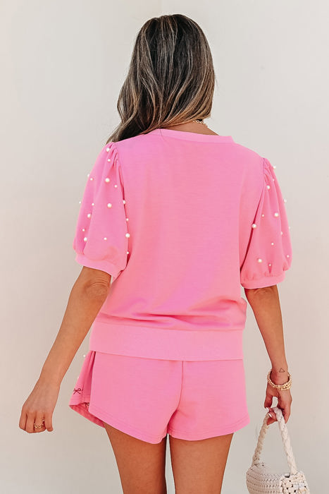 Arely Contrast Bow Trim Pearl Puff Sleeve 2pcs Set
