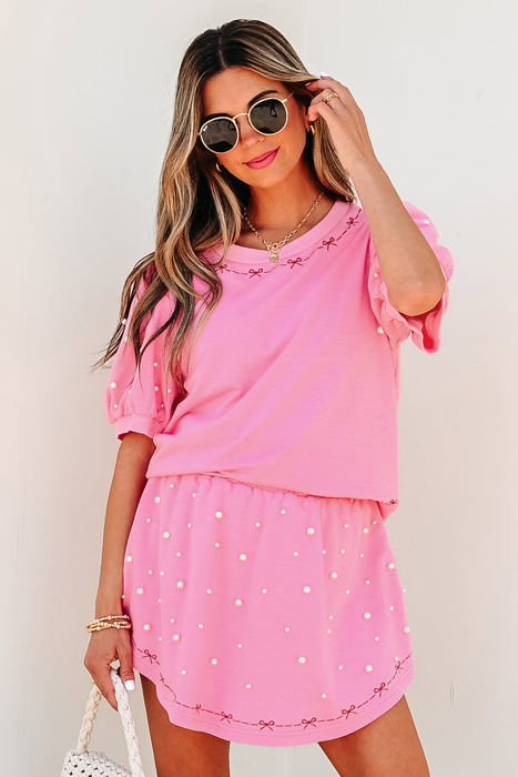 Arely Contrast Bow Trim Pearl Puff Sleeve 2pcs Set