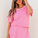  Arely Contrast Bow Trim Pearl Puff Sleeve 2pcs Set