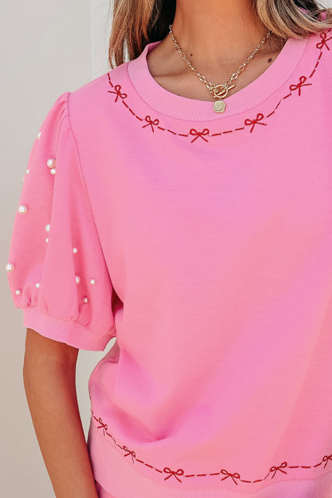 Arely Contrast Bow Trim Pearl Puff Sleeve 2pcs Set