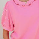  Arely Contrast Bow Trim Pearl Puff Sleeve 2pcs Set