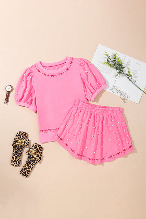 Arely Contrast Bow Trim Pearl Puff Sleeve 2pcs Set