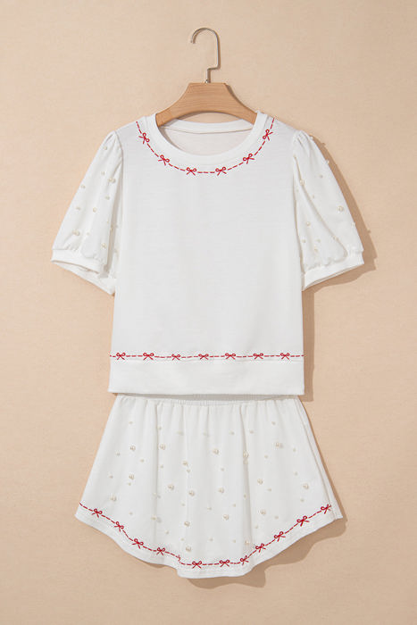 Arely Contrast Bow Trim Pearl Puff Sleeve 2pcs Set