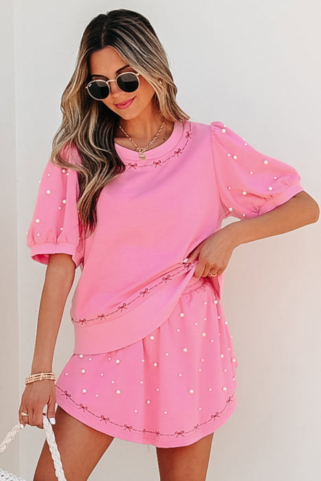 Arely Contrast Bow Trim Pearl Puff Sleeve 2pcs Set
