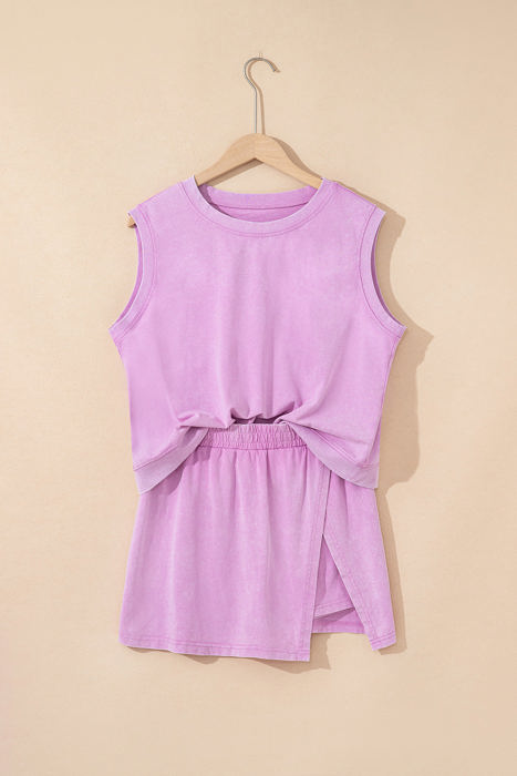 Aria 2 Pieces Mineral Wash Cotton Tank Top Lined Split Skirt Set