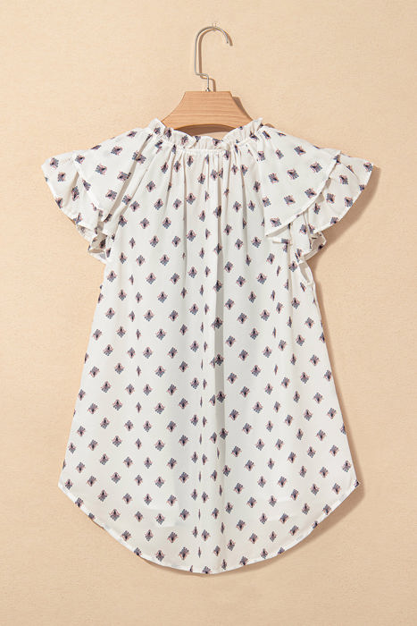 Aria Boho Pattern Ruffled Sleeve V Neck Buttoned Blouse