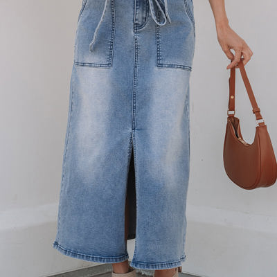 Ariah High Waist Midi Denim Skirt