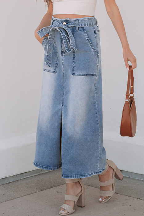 Ariah High Waist Midi Denim Skirt