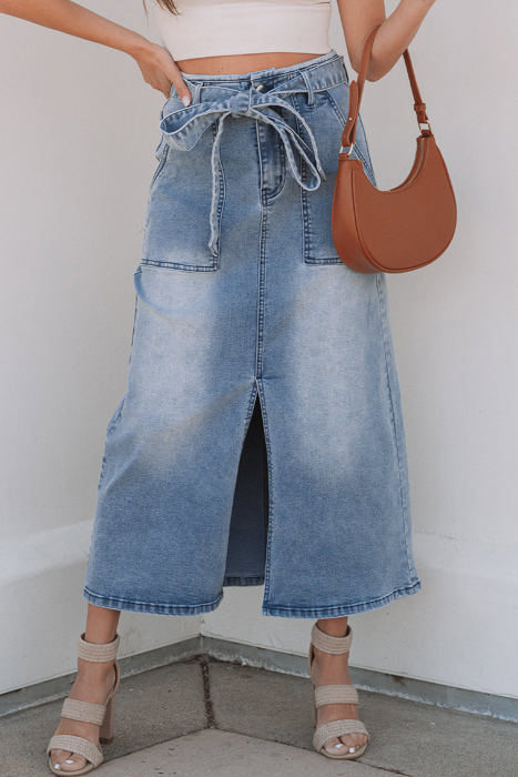 Ariah High Waist Midi Denim Skirt