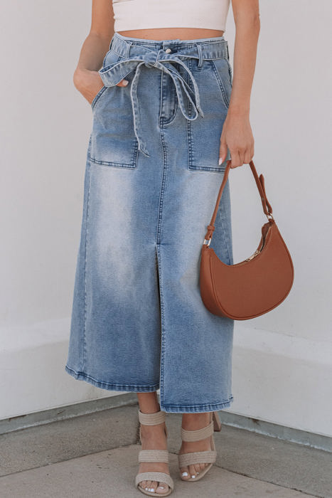 Ariah High Waist Midi Denim Skirt