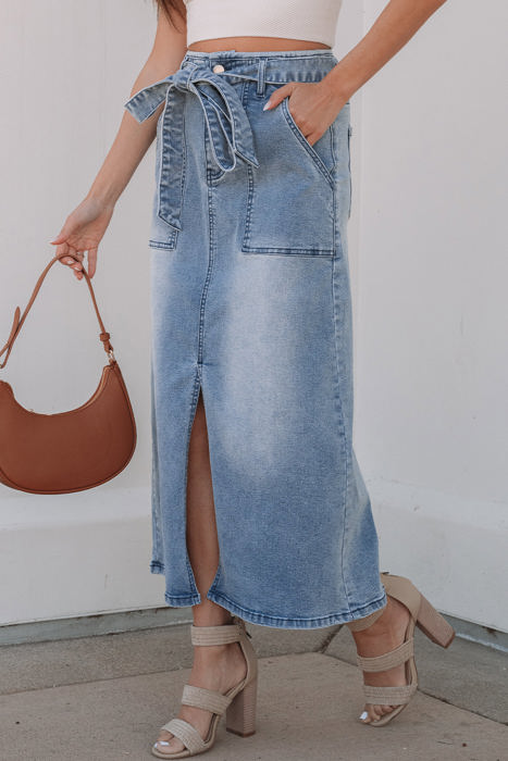 Ariah High Waist Midi Denim Skirt