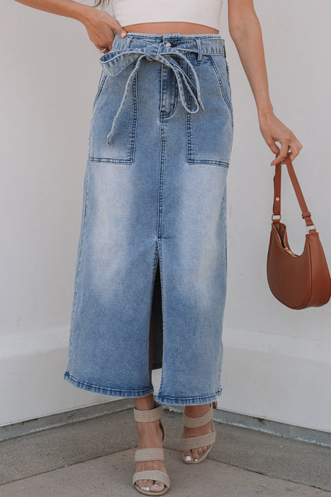 Ariah High Waist Midi Denim Skirt